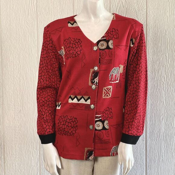 Peter Popovitch Cardigan Womens L Art to Wear Eccentric Zebra Safari Giraffe Red - Picture 2 of 16